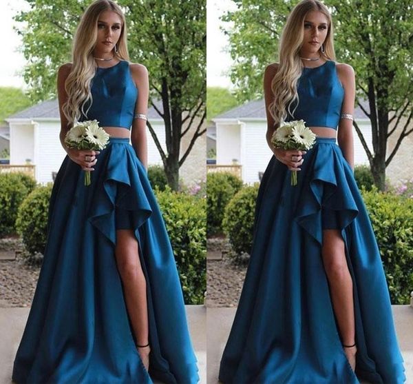 2021 peacock blue prom dresses two piece satin ruffles side slit sleeveless jewel neck custom made evening party gowns graduation vestidos, Black
2021 peacock blue prom dresses two piece satin ruffles side slit sleeveless jewel neck custom made evening party gowns graduation vestidos, Black