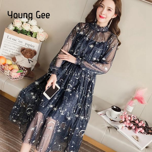 young gee women spring autumn sheer o-neck lace dress embroidery starry sky sweet party flare skater with lining dresses y200805, Black;pink
young gee women spring autumn sheer o-neck lace dress embroidery starry sky sweet party flare skater with lining dresses y200805, Black;pink
