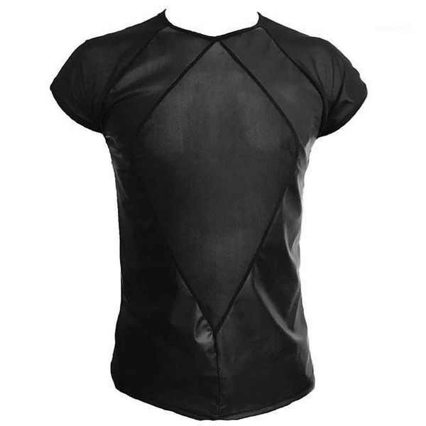 men's t-shirts mens faux leather t shirts with mesh patchwork transparent sleeves bust belly male costumes club tee fetish collect, White;black
men's t-shirts mens faux leather t shirts with mesh patchwork transparent sleeves bust belly male costumes club tee fetish collect, White;black