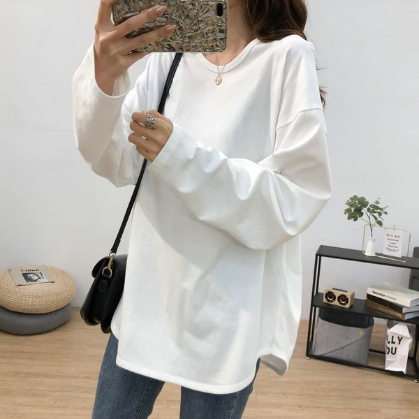 simple solid color round neck long sleeve t-shirt women's spring dress korean version loose and thinbottom coat t-shirt hem arc white t
simple solid color round neck long sleeve t-shirt women's spring dress korean version loose and thinbottom coat t-shirt hem arc white t