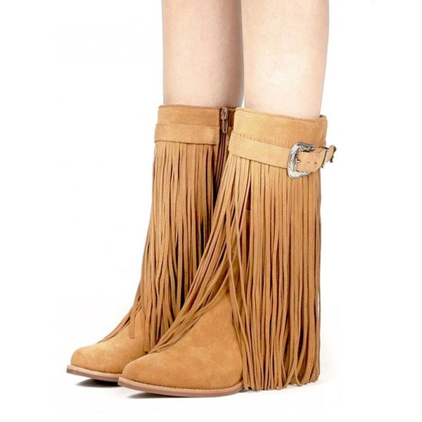 brown full fringed women mid-calf winter boots suede tassels chunky high heel long boot buckles rubber botas mujer, Black