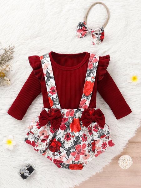 baby ruffle trim bodysuit & floral print bow front suspender shorts & headband she01, White
baby ruffle trim bodysuit & floral print bow front suspender shorts & headband she01, White