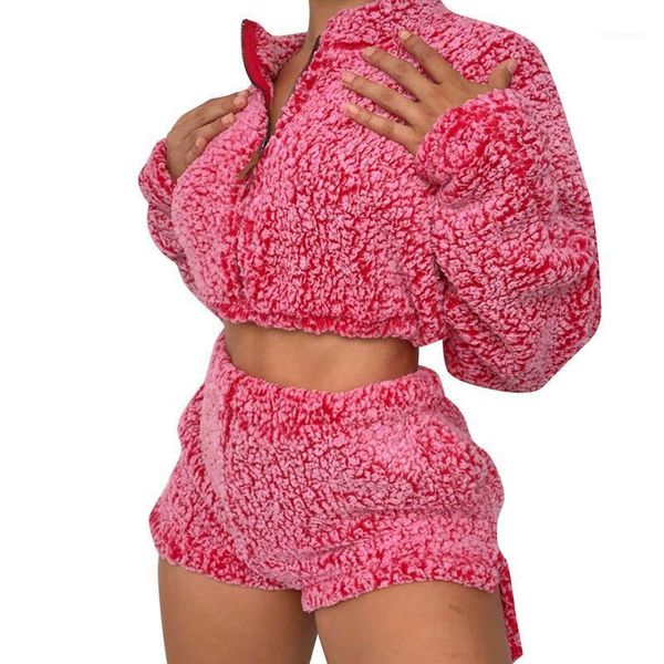 women plush two-piece suit long sleeve zipper collar crop + elastic high waist shorts fashion solid color fleece outfits1, Gray
women plush two-piece suit long sleeve zipper collar crop + elastic high waist shorts fashion solid color fleece outfits1, Gray