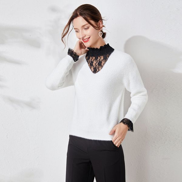 2021 new women pullovers and sweaters lace stiching knitted womens white sweater faulse mink fur soft female jumper pull femme tsw4, White;black
2021 new women pullovers and sweaters lace stiching knitted womens white sweater faulse mink fur soft female jumper pull femme tsw4, White;black