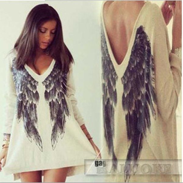 2020 new angel wing print with long sleeve on front and backladies 2020 new angel wing print with long sleeve on front and t-shirt t-shirt b, White