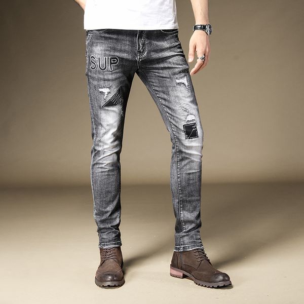 men's ripped patch straight jeans fashion streetwear denim trousers dark gray slim fit stretch pants, Blue
men's ripped patch straight jeans fashion streetwear denim trousers dark gray slim fit stretch pants, Blue