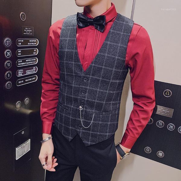 men's vests wedding suit vest men plaid formal business blue work silm fashiom mens classic man casual waist coat for gilet1, Black;white
men's vests wedding suit vest men plaid formal business blue work silm fashiom mens classic man casual waist coat for gilet1, Black;white