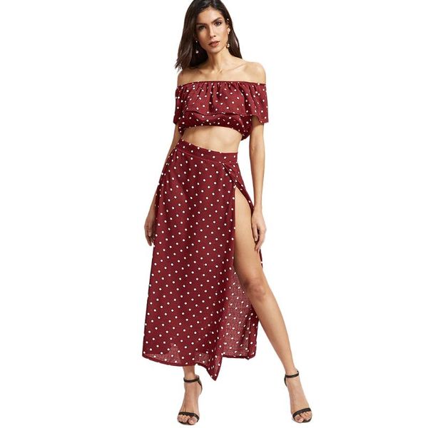 vintage red polka dot women sets maxi dresses + crop off shoulder ladies chiffon ruffle cropped beach split skirts, White
vintage red polka dot women sets maxi dresses + crop off shoulder ladies chiffon ruffle cropped beach split skirts, White