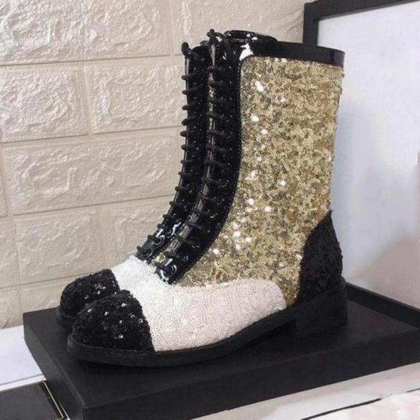 bling gold sequins martin boots lace up mix color fashion booties genuine leather women ankle boots low square heel shoes, Black
bling gold sequins martin boots lace up mix color fashion booties genuine leather women ankle boots low square heel shoes, Black