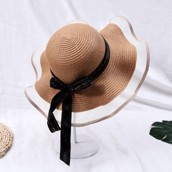 women summer woven straw floppy sun visor hat mesh splicing letters ribbon bowknot elegant wavy wide brim sunscreen beach cap1, Blue;gray
women summer woven straw floppy sun visor hat mesh splicing letters ribbon bowknot elegant wavy wide brim sunscreen beach cap1, Blue;gray