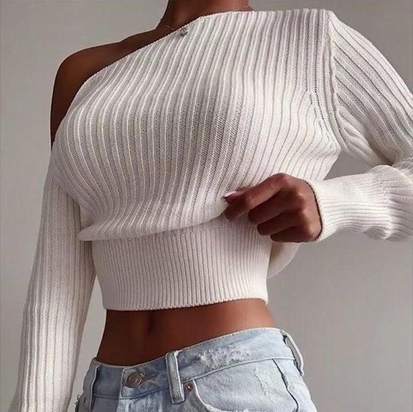 women's sweater autumn oblique collar irregular solid color off-shoulder sweater clothes, White;black
women's sweater autumn oblique collar irregular solid color off-shoulder sweater clothes, White;black