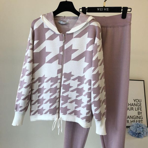 2020 autumn new style european and american fan foreign style hooded houndstooth pattern knitted casual fashion 2-piece suit, Gray
2020 autumn new style european and american fan foreign style hooded houndstooth pattern knitted casual fashion 2-piece suit, Gray