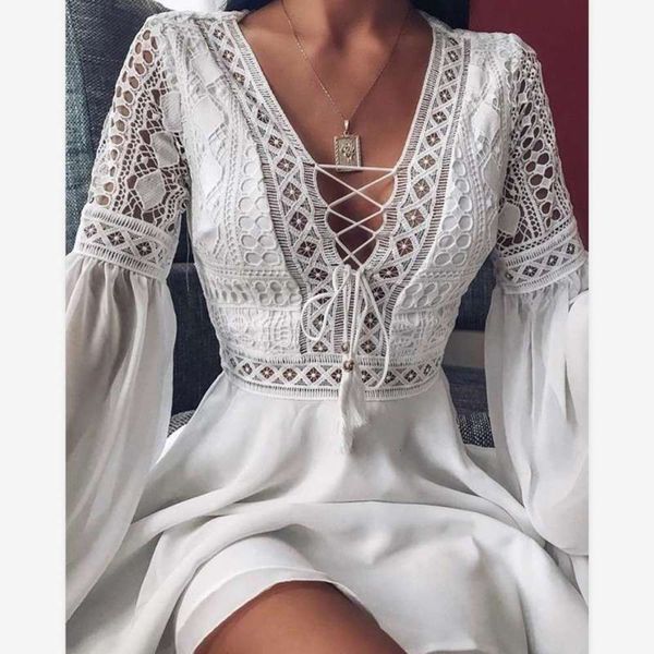 2020 new v-neck waist women's lace up long sleeve dress 1027615, Black;gray