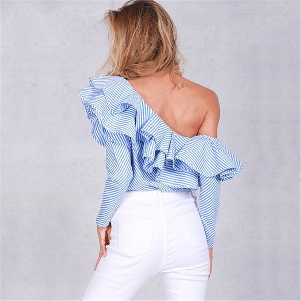 one shoulder ruffle blouses and shirts women elegant blue striped off shoulder female shirt long sleeve ruffle top, White
one shoulder ruffle blouses and shirts women elegant blue striped off shoulder female shirt long sleeve ruffle top, White