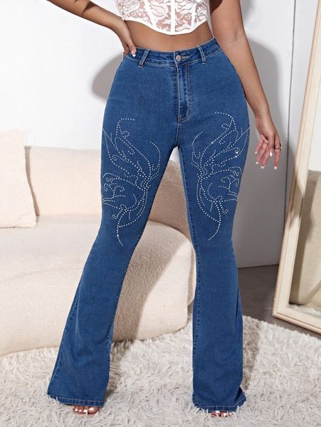 sxy rhinestone graphic print flared leg jeans r5fw#, Blue