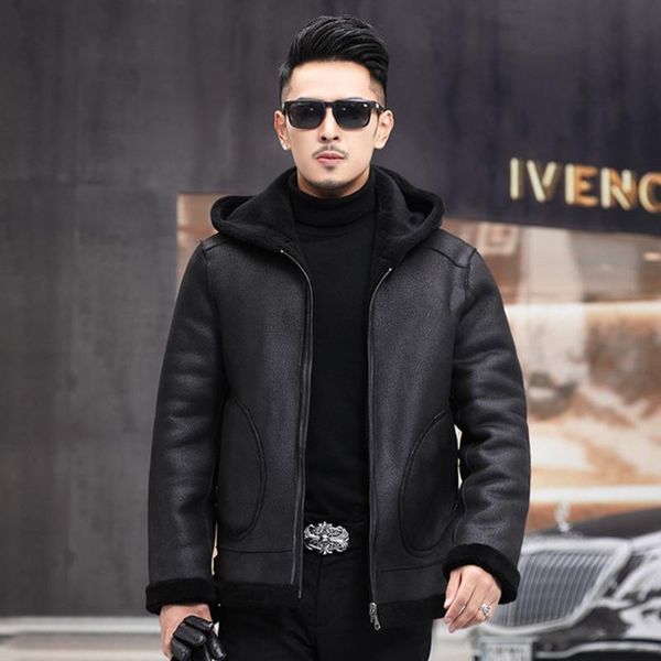 men's leather & faux winter genuine jacket fur short hooded wool liner thick warm coat, Black
men's leather & faux winter genuine jacket fur short hooded wool liner thick warm coat, Black