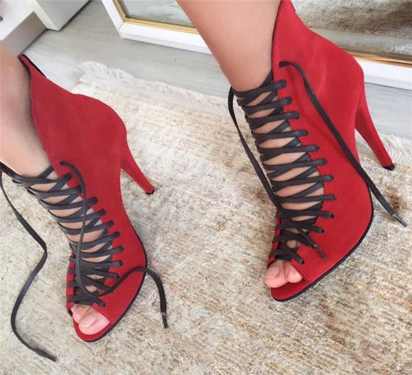 women elegant peep toe suede leather stiletto heel short gladiator boots lace-up red high heel ankle booties club dress shoes, Black
women elegant peep toe suede leather stiletto heel short gladiator boots lace-up red high heel ankle booties club dress shoes, Black