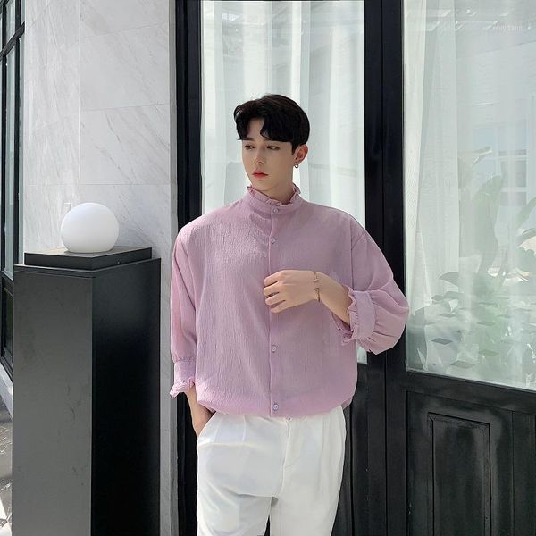 men pink shirts stand collar casual lovers shirt male vintage fashion party dress shirt stage costumes1, White;black 
men pink shirts stand collar casual lovers shirt male vintage fashion party dress shirt stage costumes1, White;black