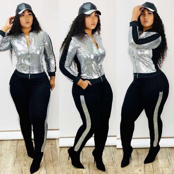 sequins 2020 stitching women's fashion zipper cardigan pants sports suit, Gray