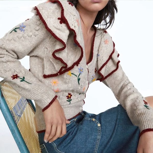 vintage v-neck ruffles knitted sweater women fashion slim print long sleeve eurpean cardigan sweater casual loose chic 2020 lj201113, White;black
vintage v-neck ruffles knitted sweater women fashion slim print long sleeve eurpean cardigan sweater casual loose chic 2020 lj201113, White;black