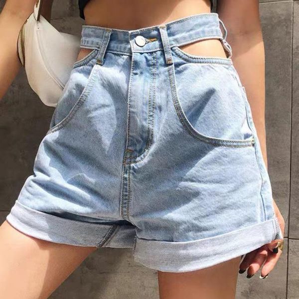 korean women hollow out high waist denim shorts cut off sides wide leg rolled hem light blue lady bottom streetwear, White;black
korean women hollow out high waist denim shorts cut off sides wide leg rolled hem light blue lady bottom streetwear, White;black