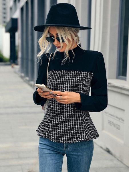 puff sleeve plaid tweed peplum blouse m99n#, White
puff sleeve plaid tweed peplum blouse m99n#, White