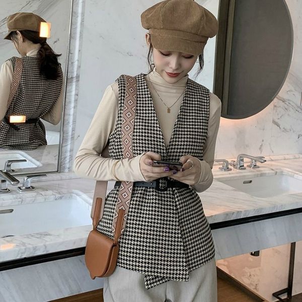 women plaid woolen vest houndstooth sleeveless jacket 1023, Black;white