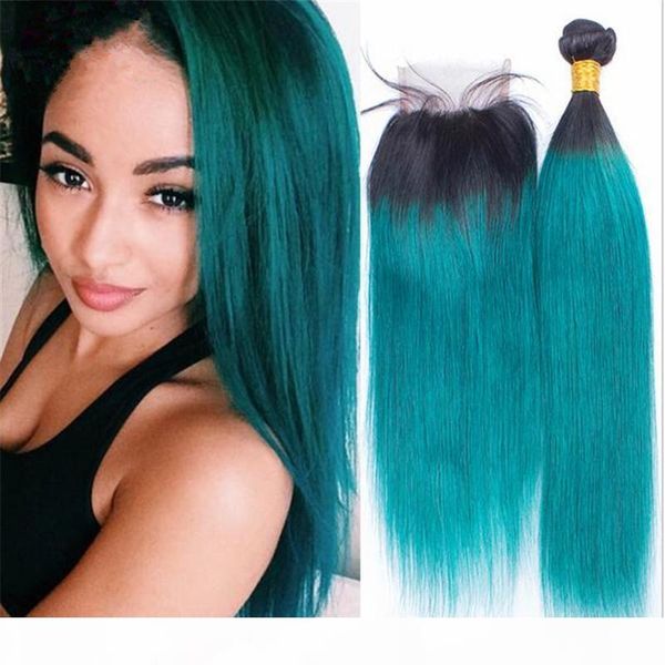 ombre 1b green dark root virgin brazilian human hair 3bundles with 4x4 lace closure 2 tone ombre straight lace front closure with weaves, Black 
ombre 1b green dark root virgin brazilian human hair 3bundles with 4x4 lace closure 2 tone ombre straight lace front closure with weaves, Black