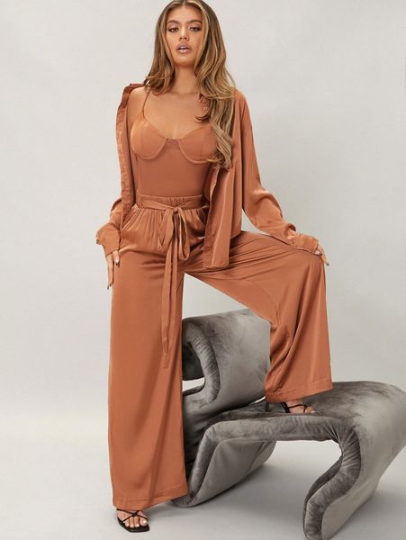 drop shoulder satin blouse & pants & cami bodysuit k1d4#, White 
drop shoulder satin blouse & pants & cami bodysuit k1d4#, White