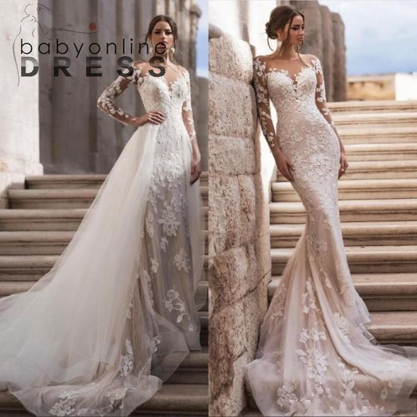 sheer neck long sleeves lace mermaid wedding dresses with detachable skirt tulle applique sweep train bridal gowns robes de mariée bc3596, White
sheer neck long sleeves lace mermaid wedding dresses with detachable skirt tulle applique sweep train bridal gowns robes de mariée bc3596, White