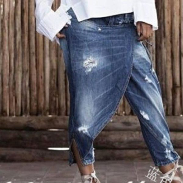 women denim cross-pants fashion plus size 5xl low waist hole jeans loose casual irregular ankle-length cowboy trousers, Blue 
women denim cross-pants fashion plus size 5xl low waist hole jeans loose casual irregular ankle-length cowboy trousers, Blue