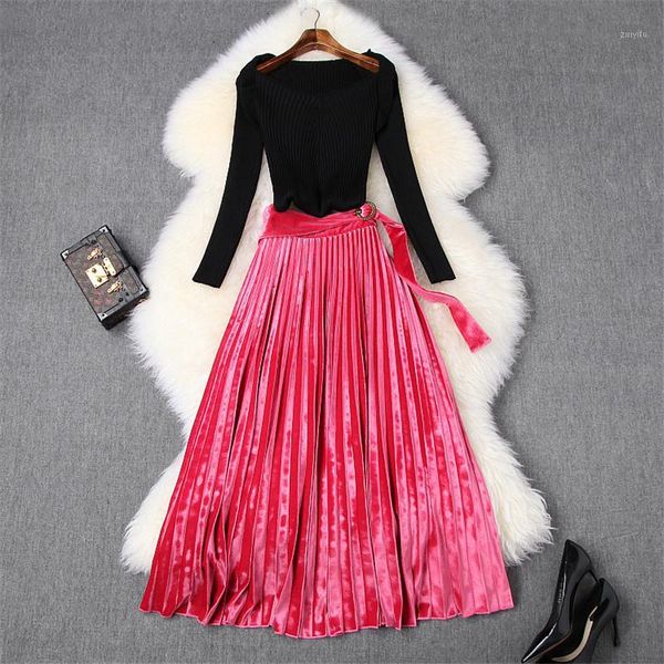2020 spring runway suit set women fashion new long sleeve solid black knitted and midi pleated velvet skirt 2piece sets1, White
2020 spring runway suit set women fashion new long sleeve solid black knitted and midi pleated velvet skirt 2piece sets1, White