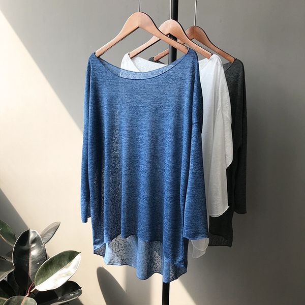 blue thin knitted bat sleeved t shirts women three quarte sleeve solid maxi loose casual pullover tees white y200110
blue thin knitted bat sleeved t shirts women three quarte sleeve solid maxi loose casual pullover tees white y200110