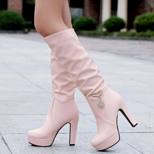 women's mid calf boots shoes winter footwear thigh high heels high round toe crystal platform low, Black
women's mid calf boots shoes winter footwear thigh high heels high round toe crystal platform low, Black