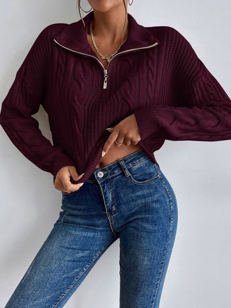 half zip drop shoulder cable knit sweater 69fl#, White 
half zip drop shoulder cable knit sweater 69fl#, White