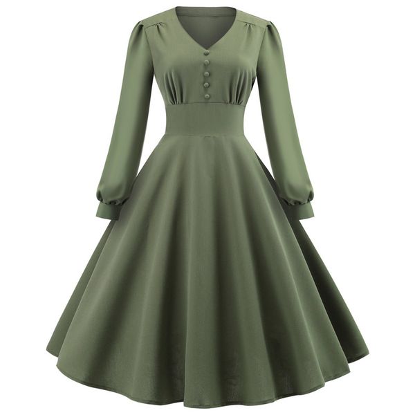 v-neck long sleeve button up dress fluffy skirt 1082, Black;gray