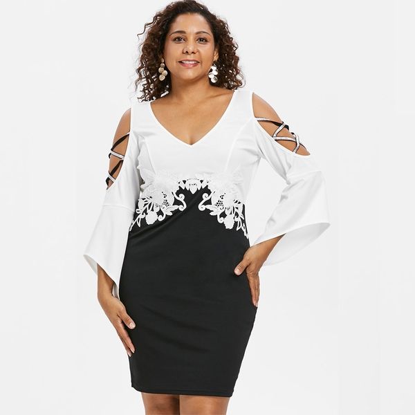 wipalo plus size 5xl criss cross flare sleeve fitted dress cold shoulder v neck knee length bodycon dress lace appliqued vestido y200102, White;black
wipalo plus size 5xl criss cross flare sleeve fitted dress cold shoulder v neck knee length bodycon dress lace appliqued vestido y200102, White;black