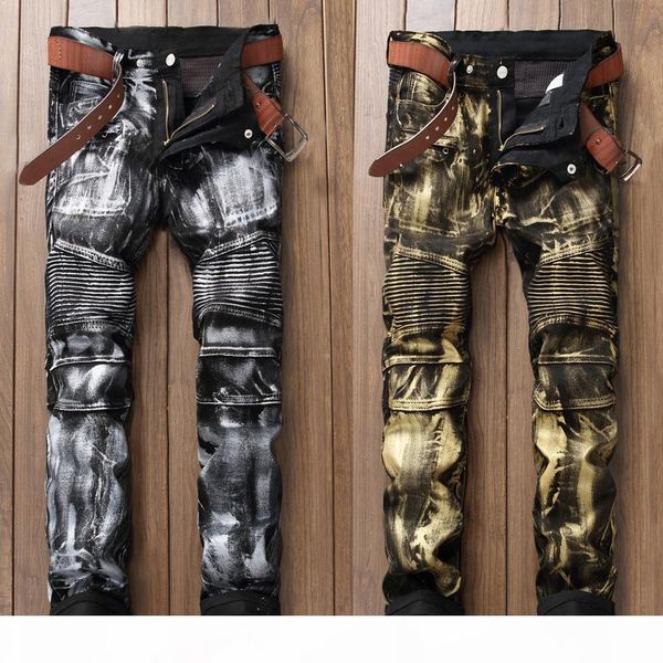 fashion streetwear men jeans punk style night club golden silver paint printed jeans men slim fit brand biker long pants, Blue
fashion streetwear men jeans punk style night club golden silver paint printed jeans men slim fit brand biker long pants, Blue