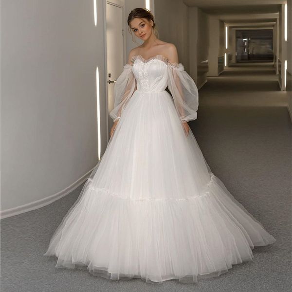 floor length tulle a line wedding dresses with applique sweetheart long sleeves vestidos de novia lace up back bridal gowns, White
floor length tulle a line wedding dresses with applique sweetheart long sleeves vestidos de novia lace up back bridal gowns, White