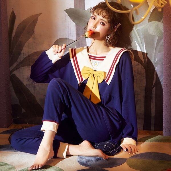 spring autumn college style women's full pure cotton pajamas sets navy collar long sleeve bow sleepwear sweet lovely pyjamas 201027, Black;red
spring autumn college style women's full pure cotton pajamas sets navy collar long sleeve bow sleepwear sweet lovely pyjamas 201027, Black;red