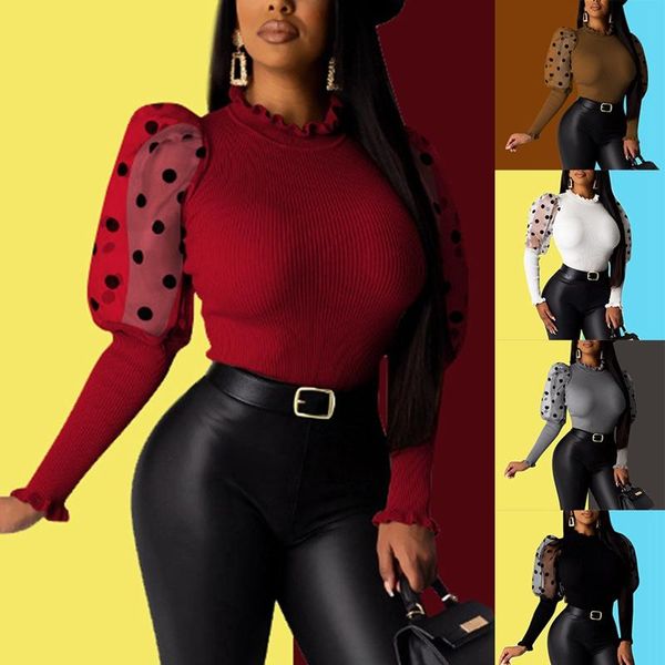 ladies high neck fashion mesh puff sleeve knit casual slim pullover party club, White
ladies high neck fashion mesh puff sleeve knit casual slim pullover party club, White