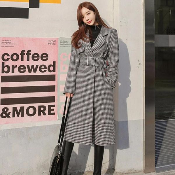 women's 2020 autumn winter new female houndstooth trench coats fashion slim with belt mixed cashmere woolen long coat outwear, Black
women's 2020 autumn winter new female houndstooth trench coats fashion slim with belt mixed cashmere woolen long coat outwear, Black