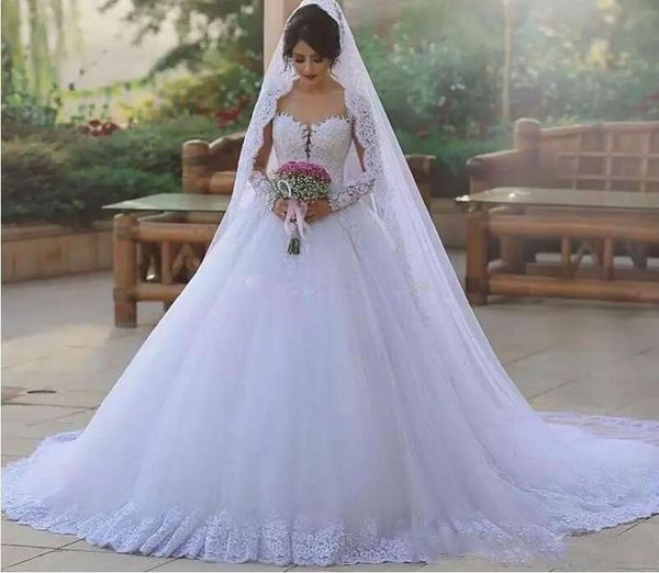 new arabic vintage wedding dresses sheer neck beaded lace appliques puffy tulle bridal gowns custom made plus size wedding dress, White
new arabic vintage wedding dresses sheer neck beaded lace appliques puffy tulle bridal gowns custom made plus size wedding dress, White