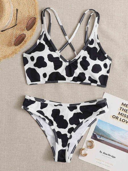 women's cow printed snake carrying fabric sling lanyard split swimsuit bikini 220106, White;black
women's cow printed snake carrying fabric sling lanyard split swimsuit bikini 220106, White;black