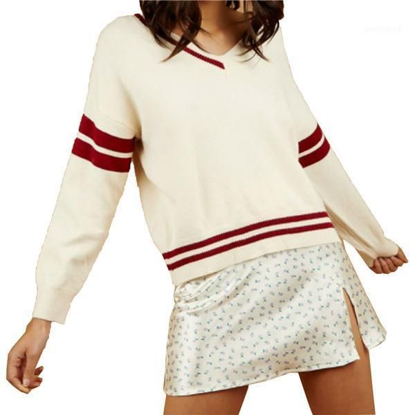 women irregular stripe sweater adults casual style loose long sleeve v-neck pullover1, White;black
women irregular stripe sweater adults casual style loose long sleeve v-neck pullover1, White;black
