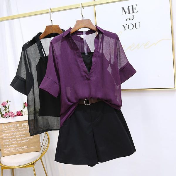 women blouse shirt chiffon hollow out mesh transparent 2020 summer v-neck short sleeve blouse + sling two piece zs7, White
women blouse shirt chiffon hollow out mesh transparent 2020 summer v-neck short sleeve blouse + sling two piece zs7, White