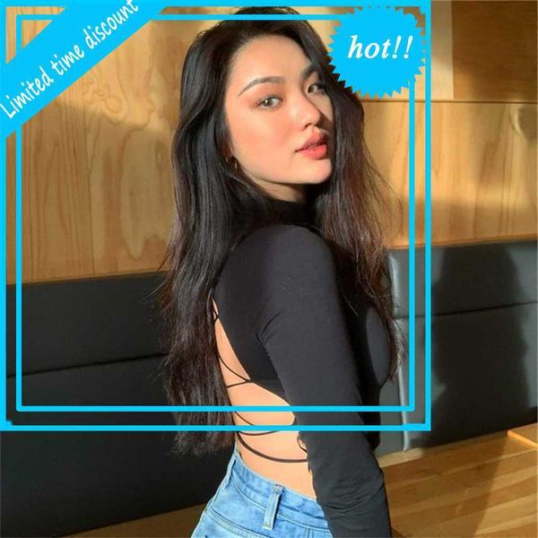 ladies backless cross lace up streetwear long mouwen t-shirts women black solid slim lent summer tea shirt, White
ladies backless cross lace up streetwear long mouwen t-shirts women black solid slim lent summer tea shirt, White