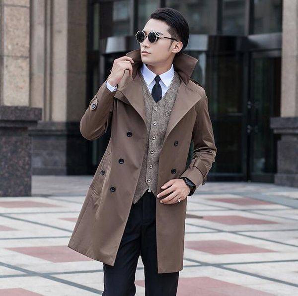 men's trench coats mens brown man double breasted spring autumn coat men clothes slim fit fashion overcoat long sleeve designer, Tan;black