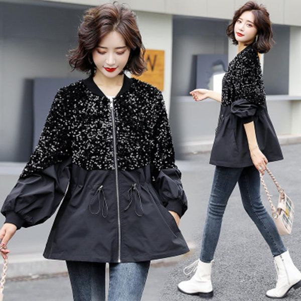 black stitching sequins loose waist drawstring fried street women's street fashion brand mid-length coat 2021 new autumn, Tan;black
black stitching sequins loose waist drawstring fried street women's street fashion brand mid-length coat 2021 new autumn, Tan;black
