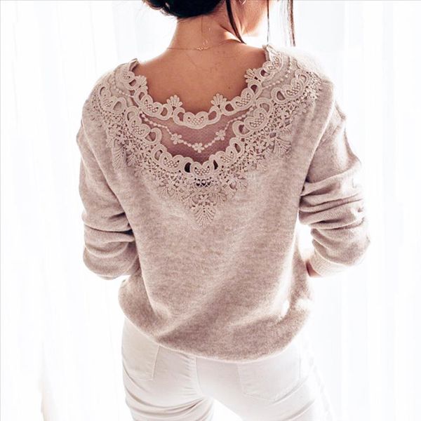 elegant backless lace knitted blouse shirt women long sleeve autumn winter warm ladies knitwear streetwear blusas pullover, White 
elegant backless lace knitted blouse shirt women long sleeve autumn winter warm ladies knitwear streetwear blusas pullover, White